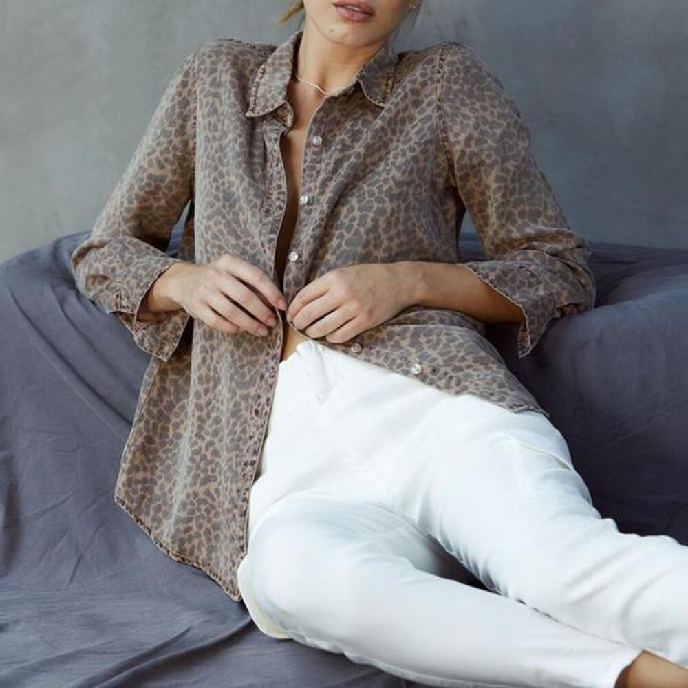 Monrow Mini Leopard Basic Shirt Button Down Linen… - image 3